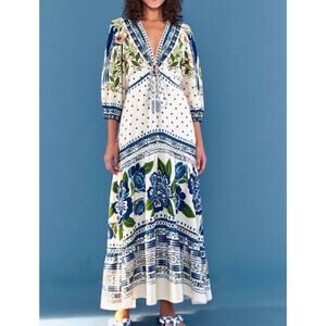 Farm Rio Blue and White Floral Linen Blend Maxi